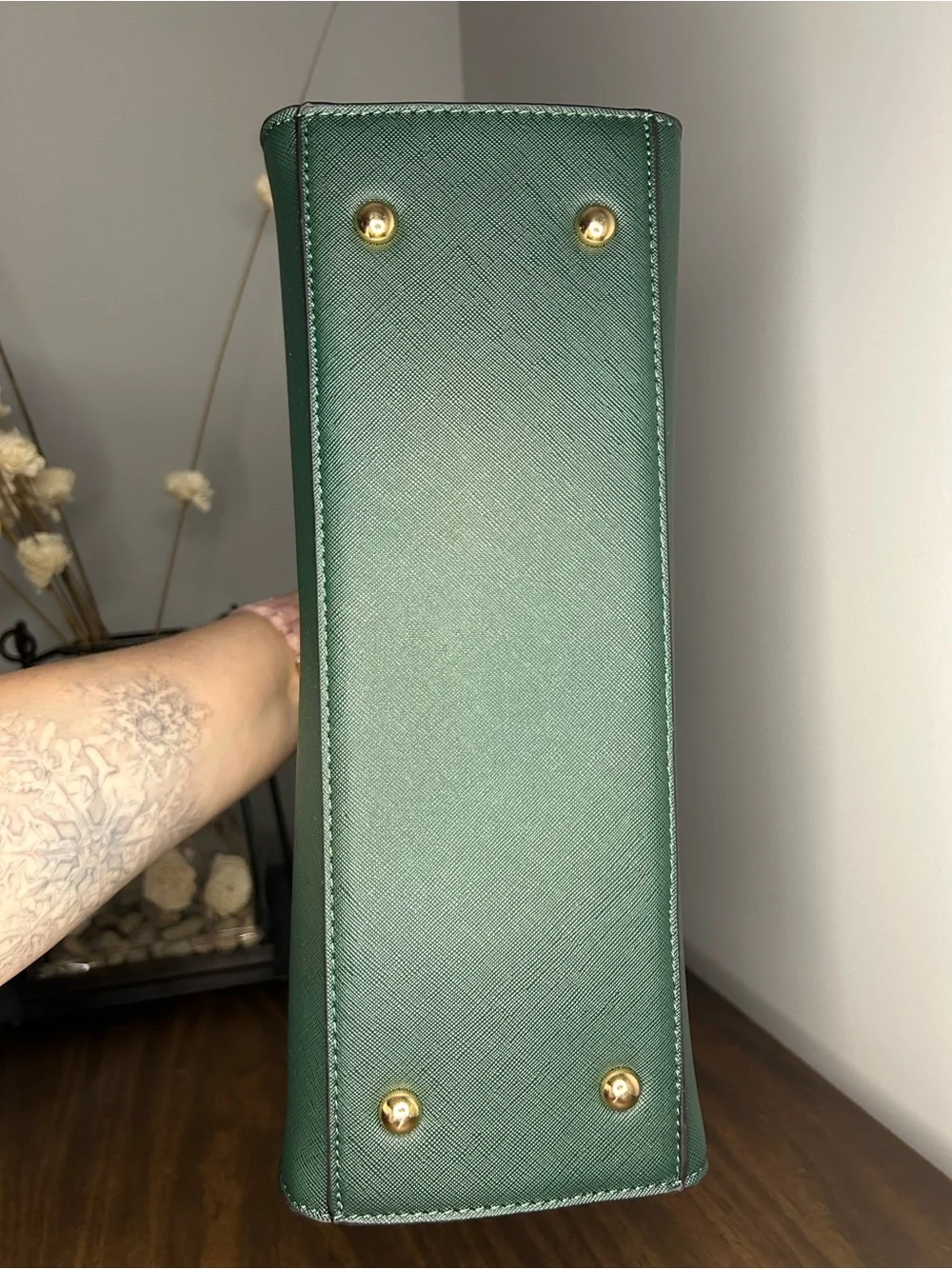 Badgley Mischka Louise NWT Dark Green Structured Top Handle Bag Gold Hardware